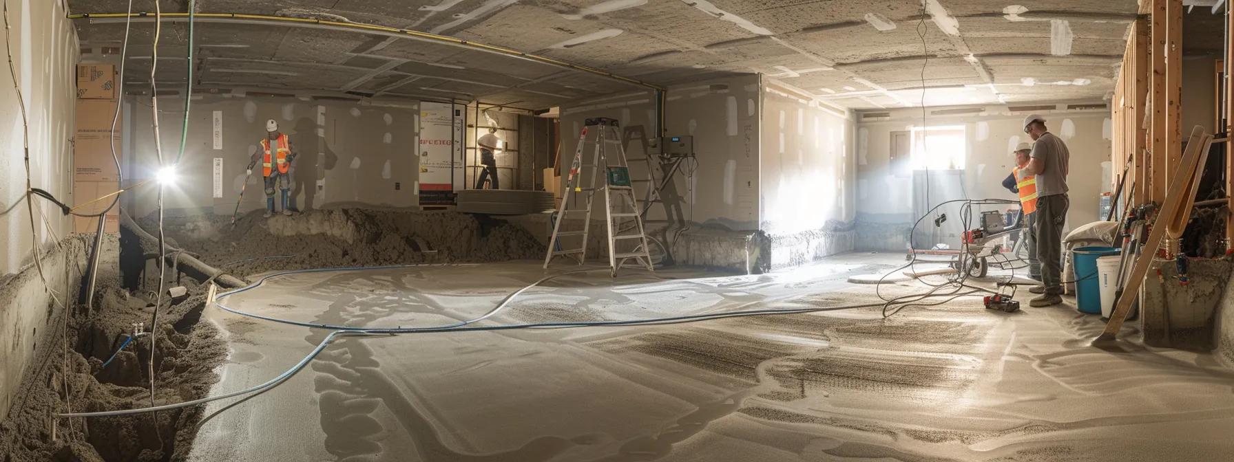 a brightly lit basement showcases eco-friendly waterproofing practices, featuring exposed concrete walls as a contractor in safety gear expertly applies green hydraulic cement to seal cracks while another installs a sustainable french drain, creating a professional and responsible work environment.