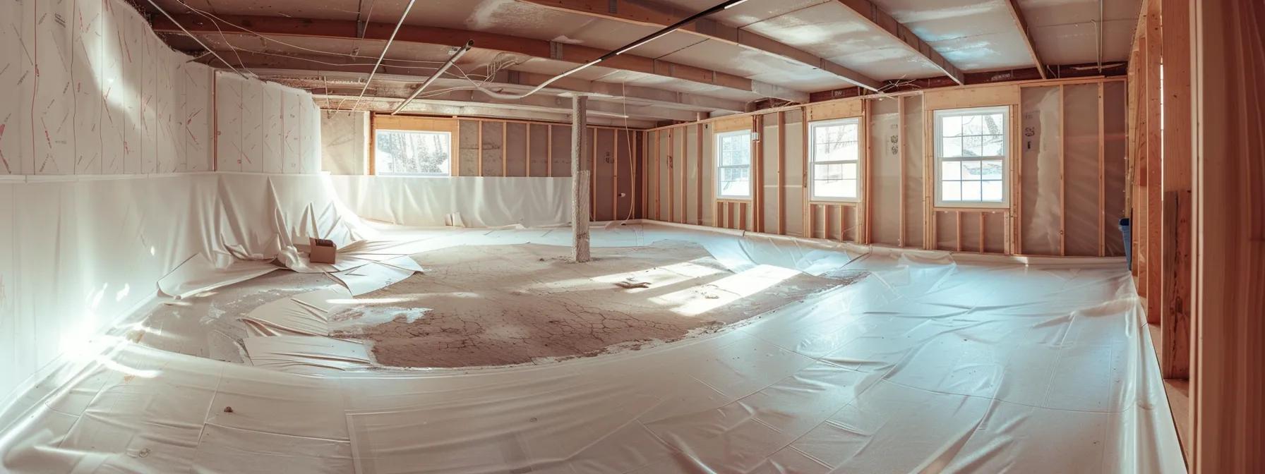 a clean and well-lit residential basement showcases knowledgeable contractors in safety gear expertly applying waterproofing membranes and sealing cracks with hydraulic cement, while a french drain is installed along the perimeter, epitomizing commitment to customer satisfaction and quality in waterproofing services.