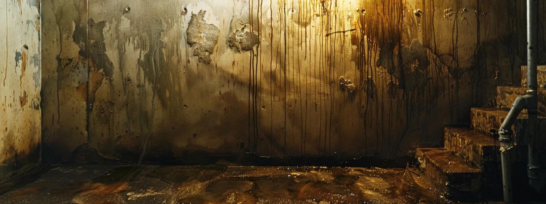 a dimly lit basement reveals prominent water stains and visible mold on the walls, underscoring the urgent need for professional sealing to prevent further water damage and structural compromise.