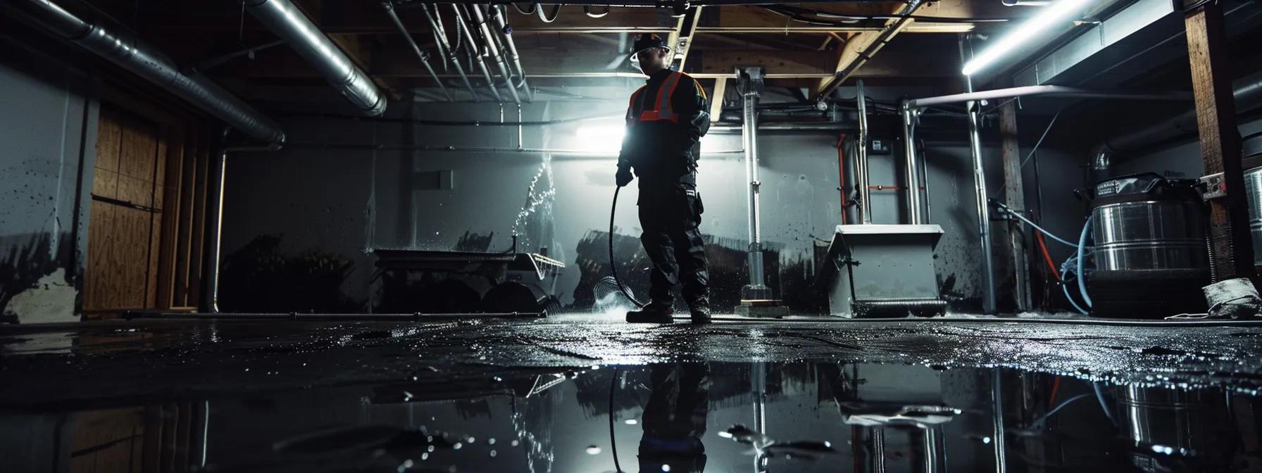 a modern basement sealing technician inspects advanced waterproofing equipment in a well-lit, sterile urban basement, showcasing state-of-the-art technology designed to combat water intrusion effectively.