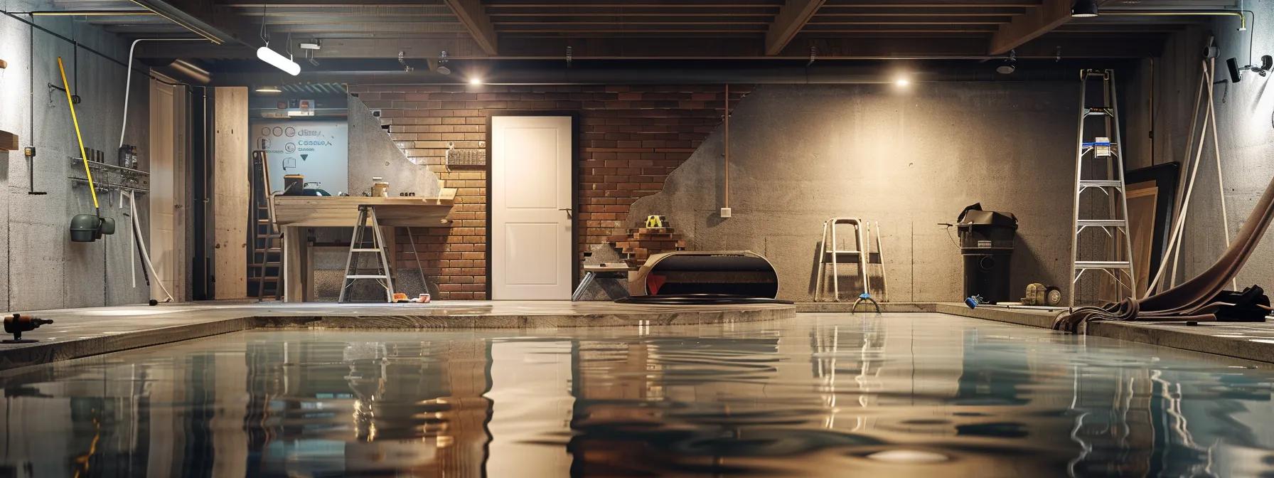 a modern, well-lit basement interior showcases a professional sealing process in action, emphasizing sleek tools and materials as a technician applies advanced waterproofing techniques, illustrating the transformation of the space into a dry, healthy environment.