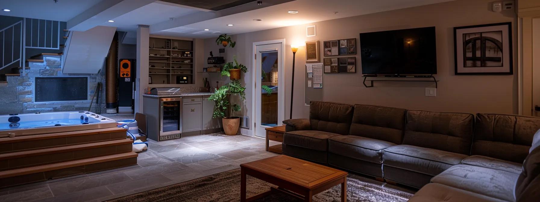 a professionally sealed basement with clean, dry walls and modern waterproofing equipment in a well-lit urban setting, showcasing a transformation into a safe and healthy living space.