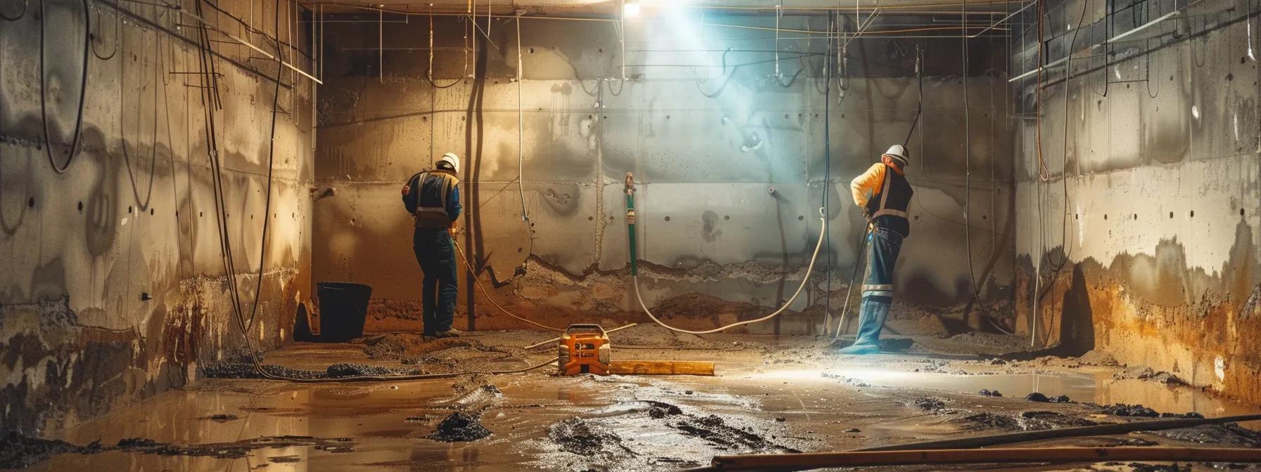 a well-lit basement showcases the professional waterproofing process, featuring exposed concrete walls and flooring as a contractor in safety gear diligently seals cracks with hydraulic cement while another installs a french drain, emphasizing a clean and efficient work environment.