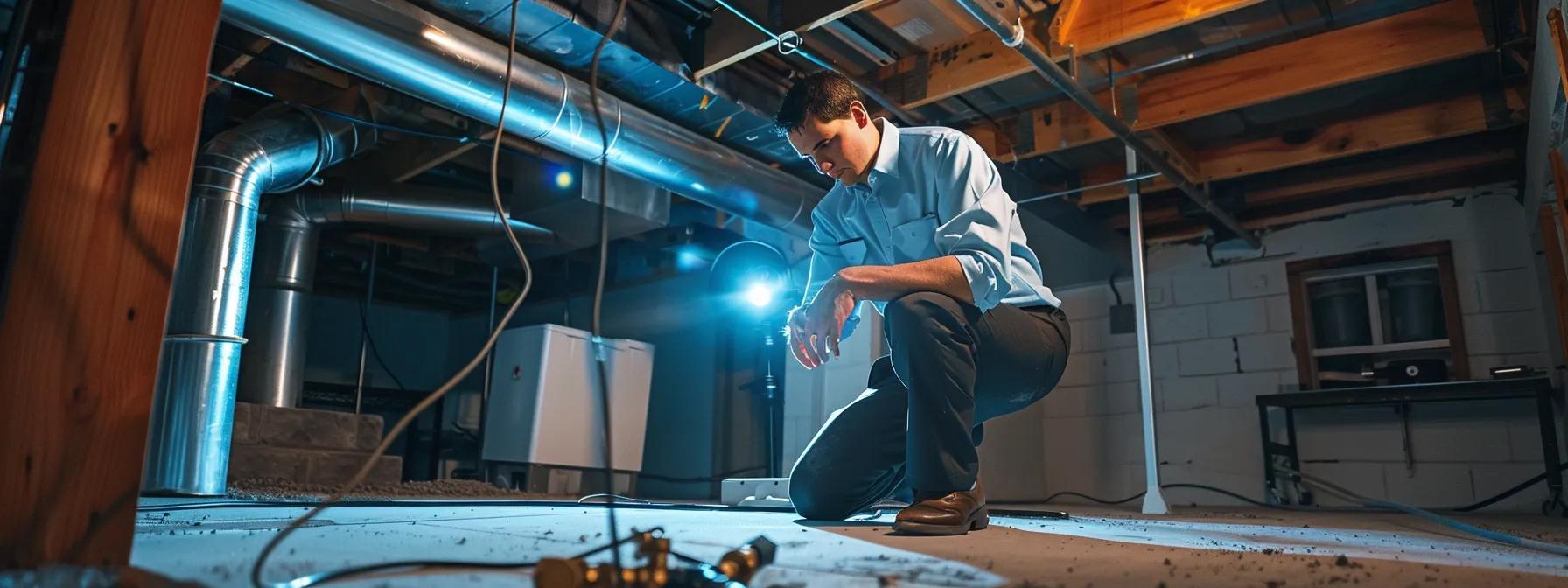 an experienced basement sealing professional inspects a well-lit, modern basement, showcasing advanced diagnostic equipment and premium waterproofing materials, exuding a sense of confidence and meticulous attention to quality for erie homeowners.