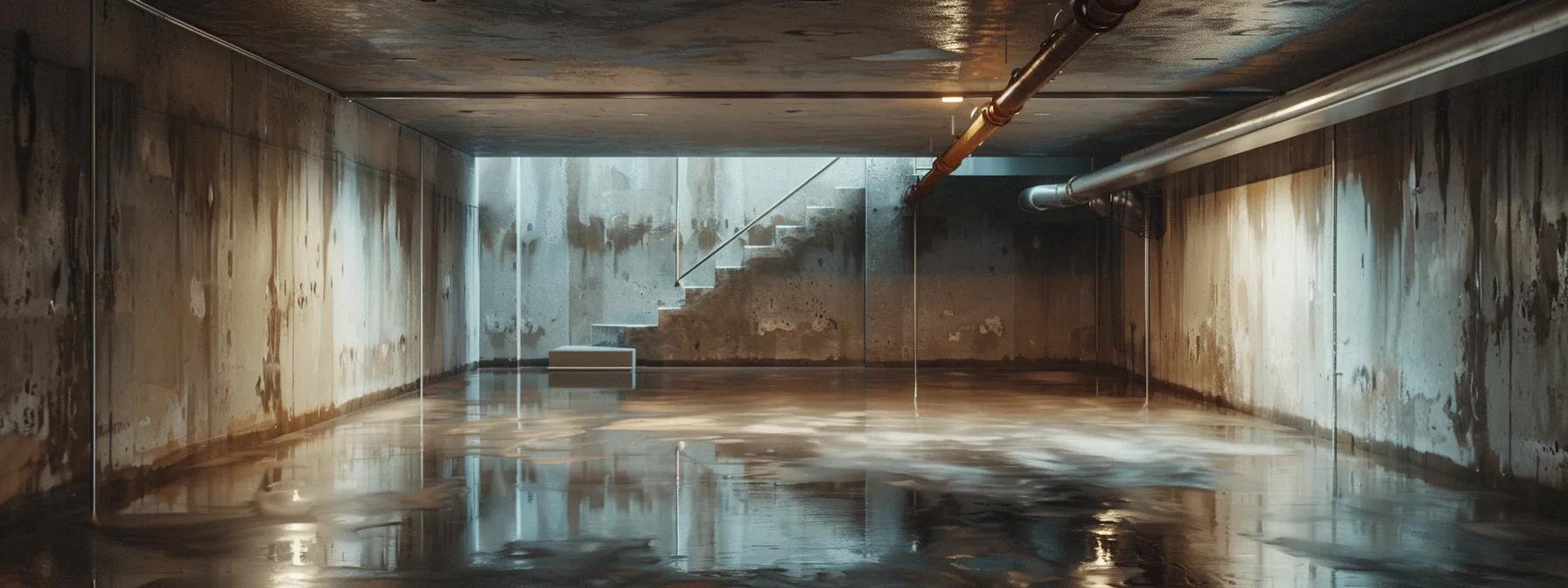 a well-lit basement showcases waterproofing experts efficiently installing advanced systems, with exposed concrete walls highlighting the meticulous application of membranes and hydraulic cement in a clean, professional environment.