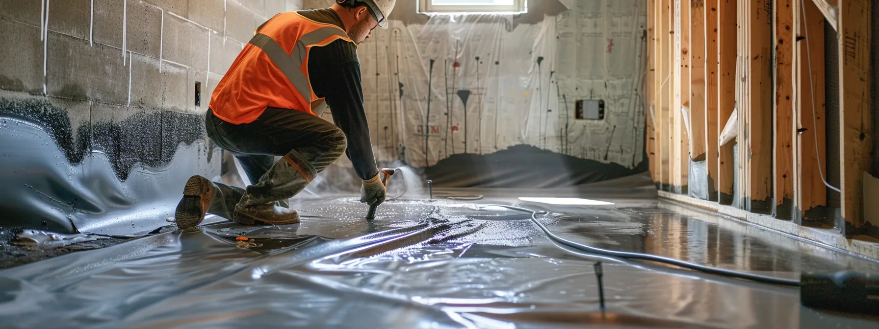 a well-lit, professional basement setting showcases a contractor in safety gear applying waterproofing membranes to exposed concrete walls, while another team member installs a french drain around the perimeter, with a sump pump prominently placed in the corner, illustrating effective moisture management solutions in a central new york home.