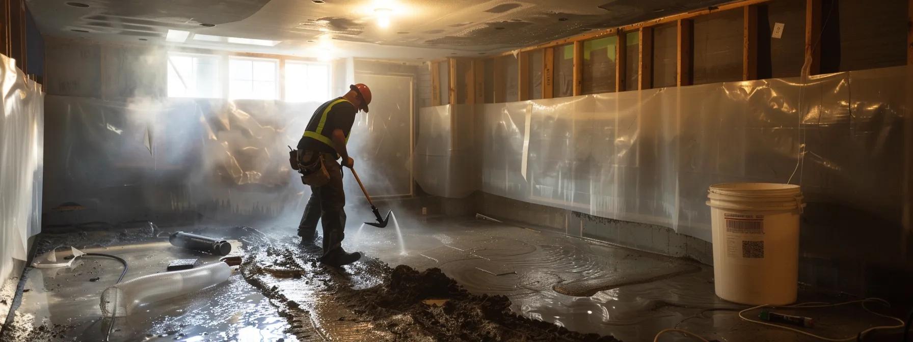 a well-lit basement scene showcases local waterproofing professionals applying waterproofing membranes to exposed concrete walls, as one contractor meticulously seals cracks with hydraulic cement and another installs a french drain, embodying a clean and efficient workspace.