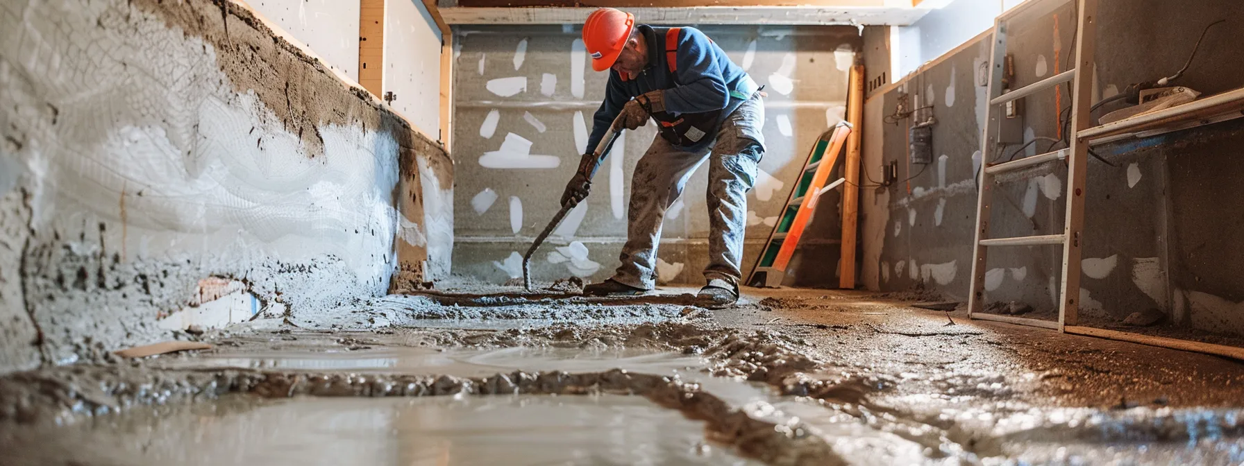 a well-lit residential basement showcases a contractor in safety gear diligently sealing cracks with hydraulic cement while another installs a french drain along the exposed concrete walls, emphasizing the meticulous process of waterproofing to protect the home’s foundation.