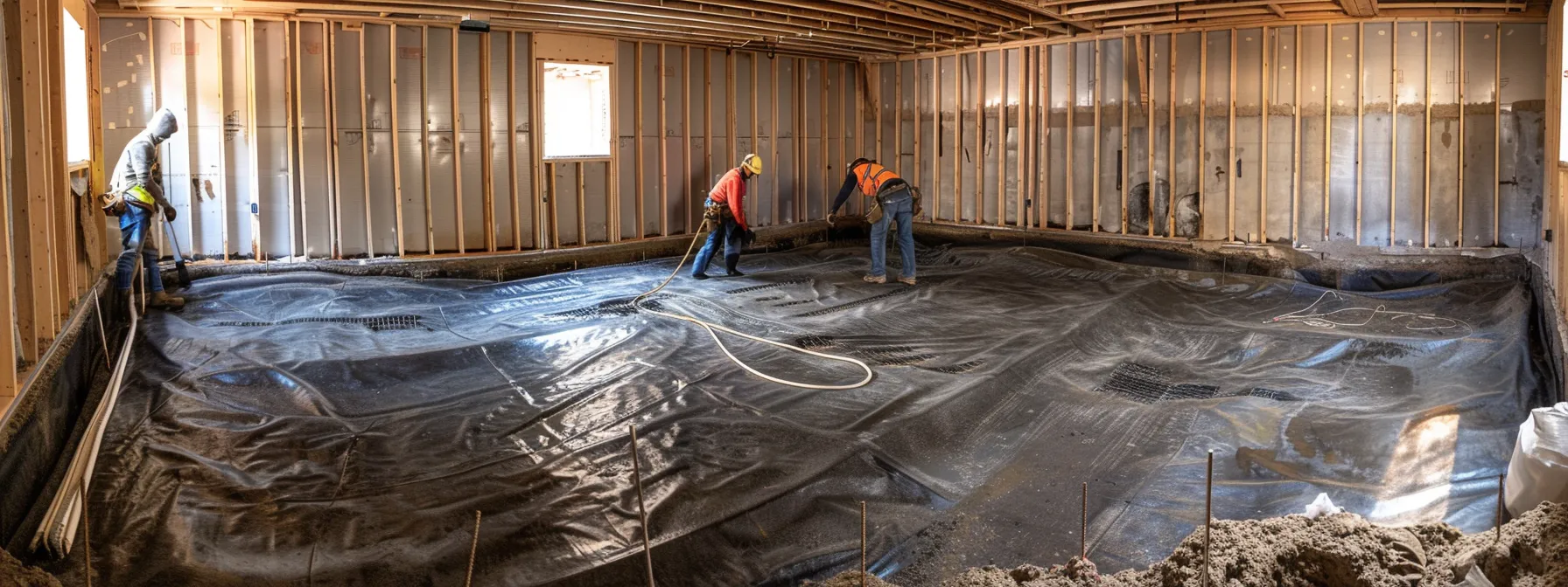 a well-lit residential basement showcases a contractor in safety gear applying waterproofing membranes to exposed concrete walls, while another contractor installs a french drain along the perimeter and prepares a sump pump for installation, creating a clean and professional image of cost-effective waterproofing techniques.