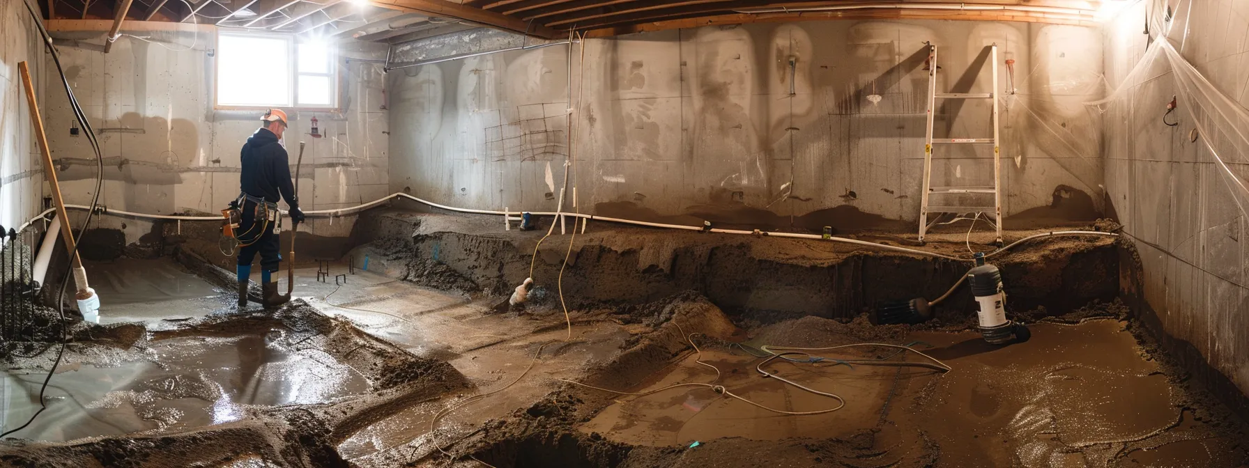 a well-lit, professional basement setting showcases a contractor in safety gear expertly sealing cracks in exposed concrete walls with hydraulic cement, while another installs a french drain along the perimeter, and a sump pump waits for installation in the corner, illustrating effective waterproofing techniques.