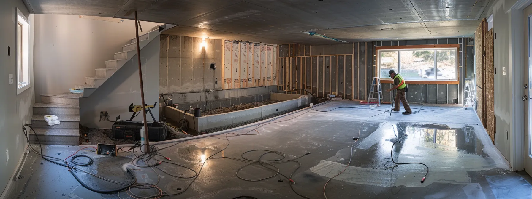 a well-lit residential basement showcases a professional waterproofing process, highlighting exposed concrete walls with workers in safety gear applying waterproof membranes and sealing cracks, while a sump pump awaits installation in the corner.