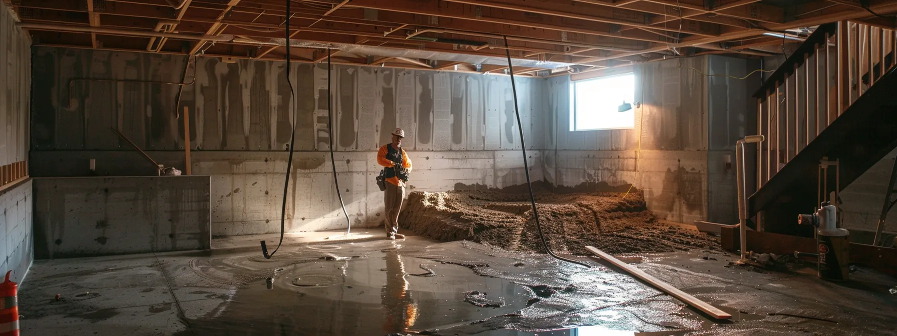 a well-lit residential basement is captured mid-waterproofing, showcasing exposed concrete walls as a contractor in safety gear diligently seals cracks with hydraulic cement while another installs a french drain, highlighting the meticulous process of protecting the home’s foundation and enhancing its value.