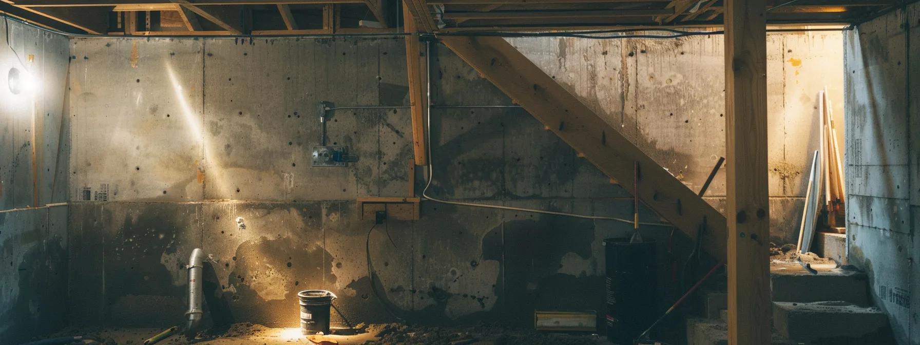 a well-lit residential basement showcases the waterproofing process with exposed concrete walls, where a contractor in safety gear diligently seals cracks with hydraulic cement, while another expertly installs a french drain, emphasizing the importance of local expertise and community trust in effective water management.