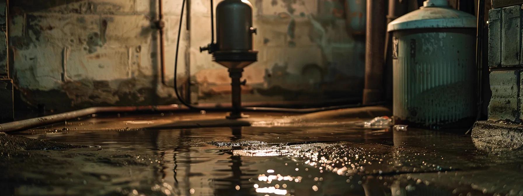 a close-up view of a malfunctioning sump pump in a dimly lit basement, with water pooling around it, highlighting the urgent need for repair and the consequences of basement leaks.