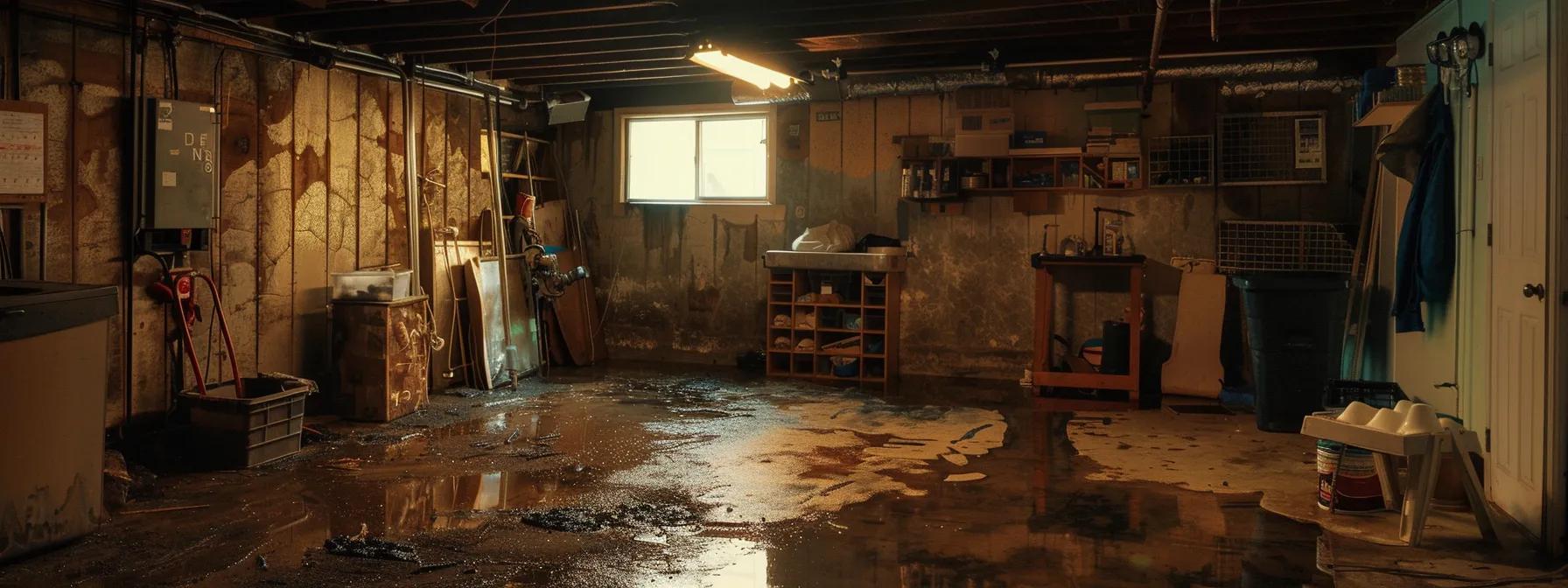 a dimly lit, organized basement with visible signs of water damage, such as damp walls and puddles, serves as a focal point for homeowners in erie to recognize and address common leak causes.