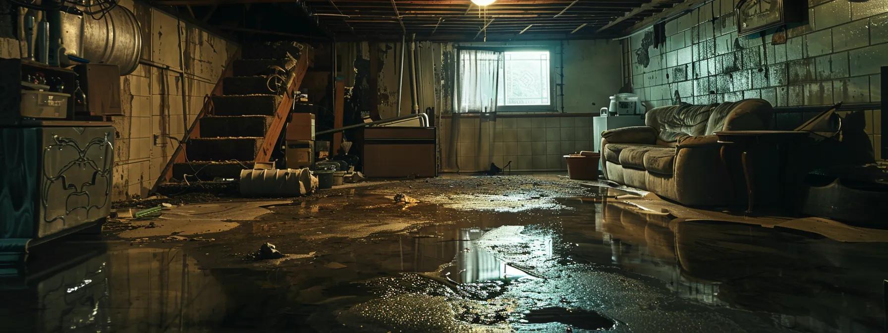 a dramatic interior shot of a dimly lit basement revealing prominent cracks in the foundation walls, with water pooling on the floor, highlighting the urgent need for structural repairs in a suburban erie home.
