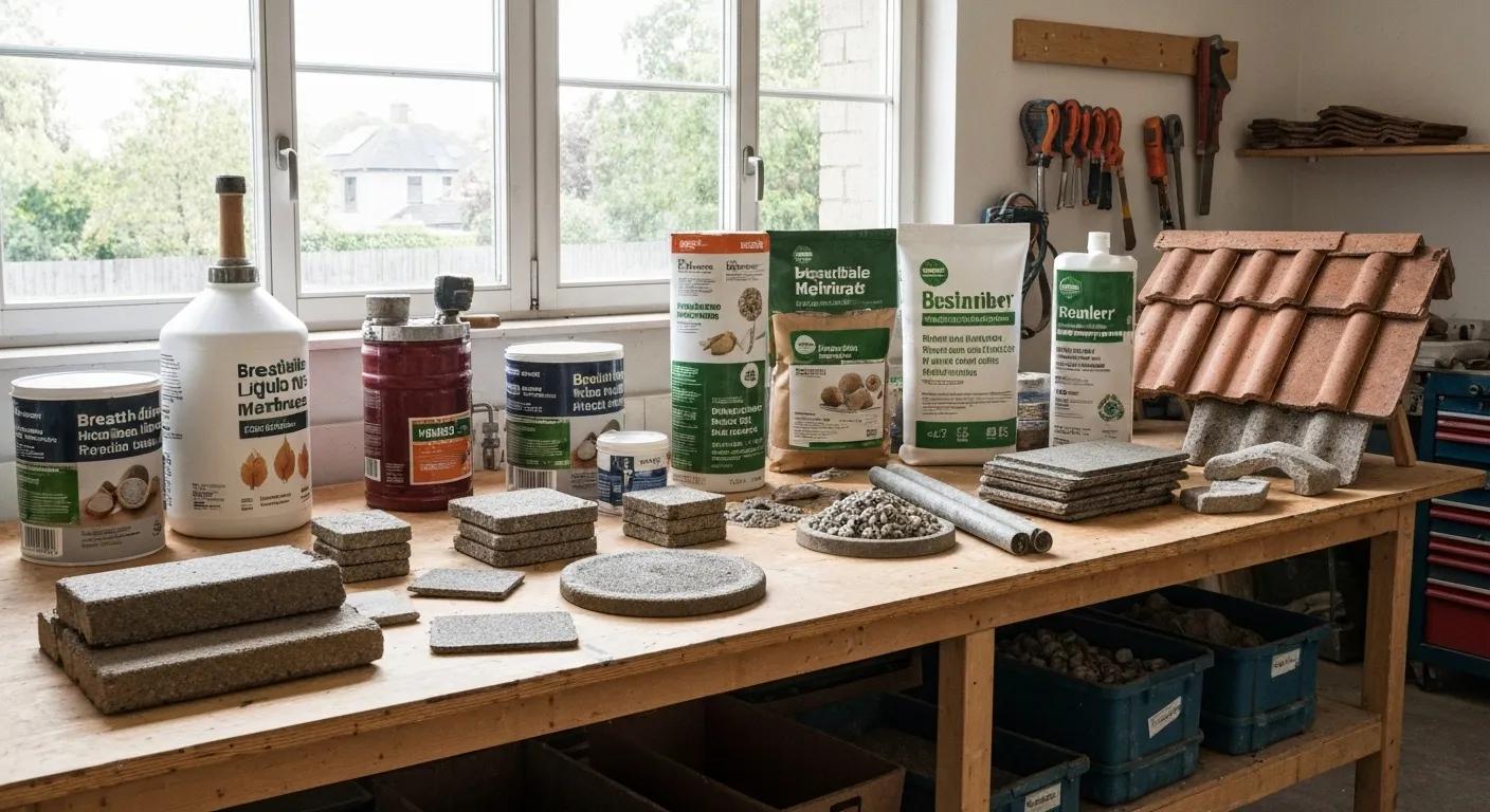 Eco-friendly waterproofing materials displayed on a workbench, highlighting sustainable practices in waterproofing