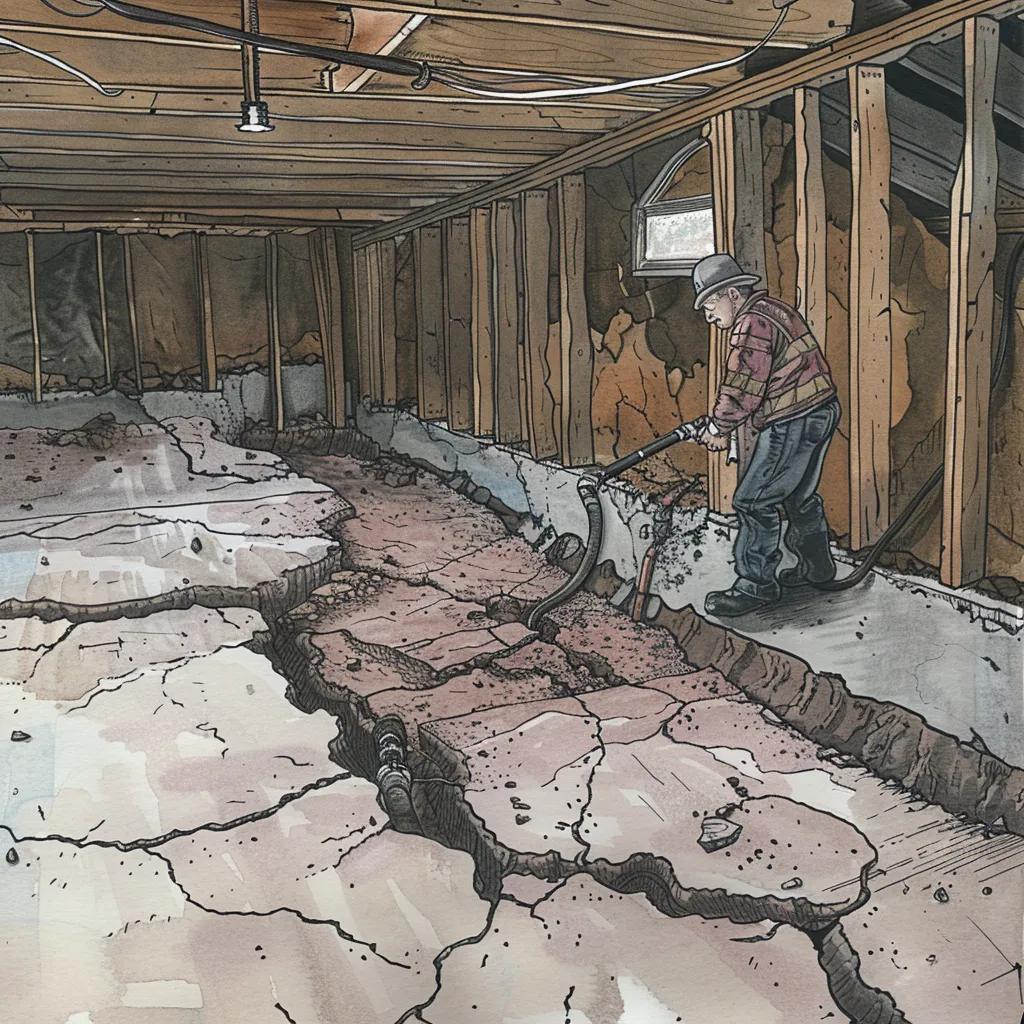Technician assessing foundation issues in a large basement