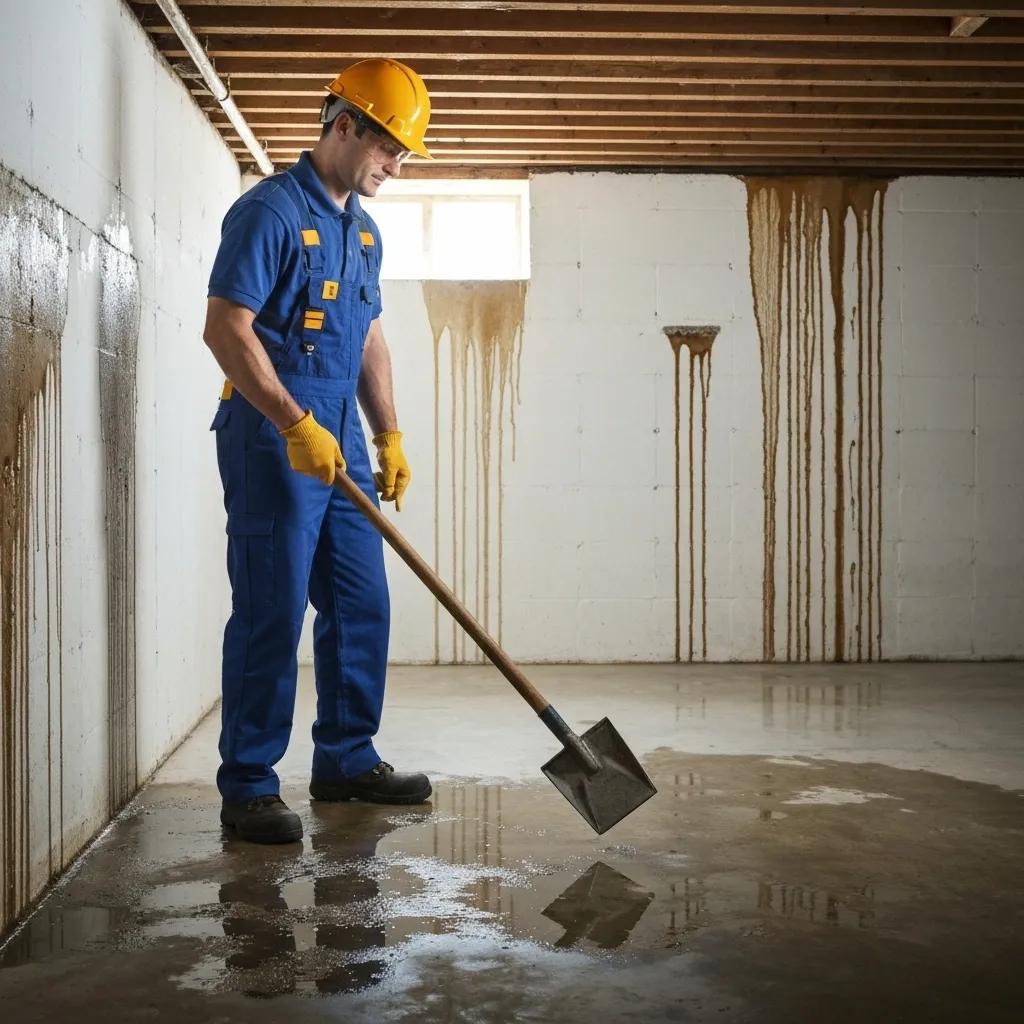 Professional waterproofing expert inspecting a wet basement, highlighting the importance of local waterproofing services