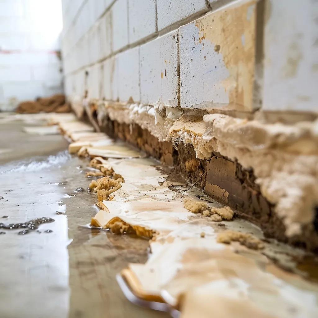 Visible signs of basement water damage including wall seepage and mold