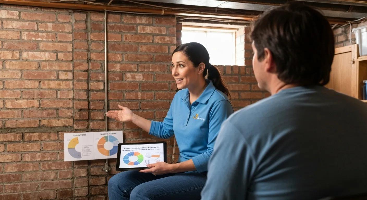 Local waterproofing expert explaining moisture issues to a homeowner in a basement, emphasizing the importance of local expertise