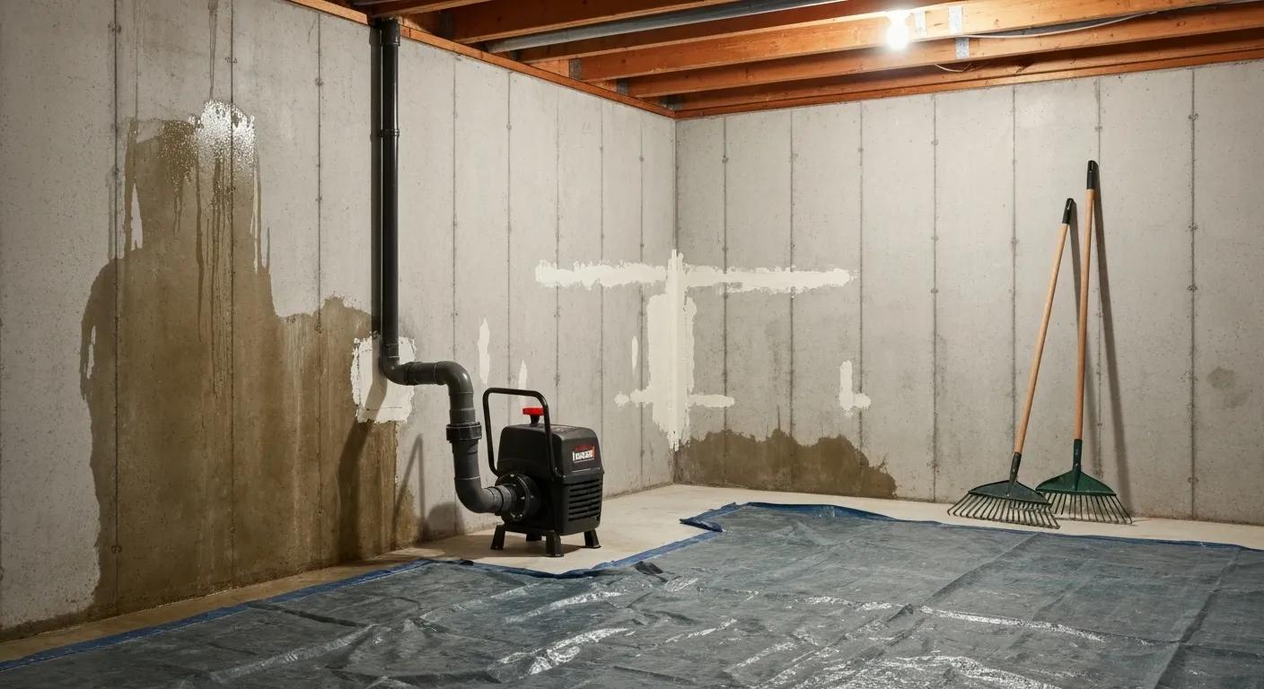 Affordable interior basement waterproofing solutions including a sump pump and sealants