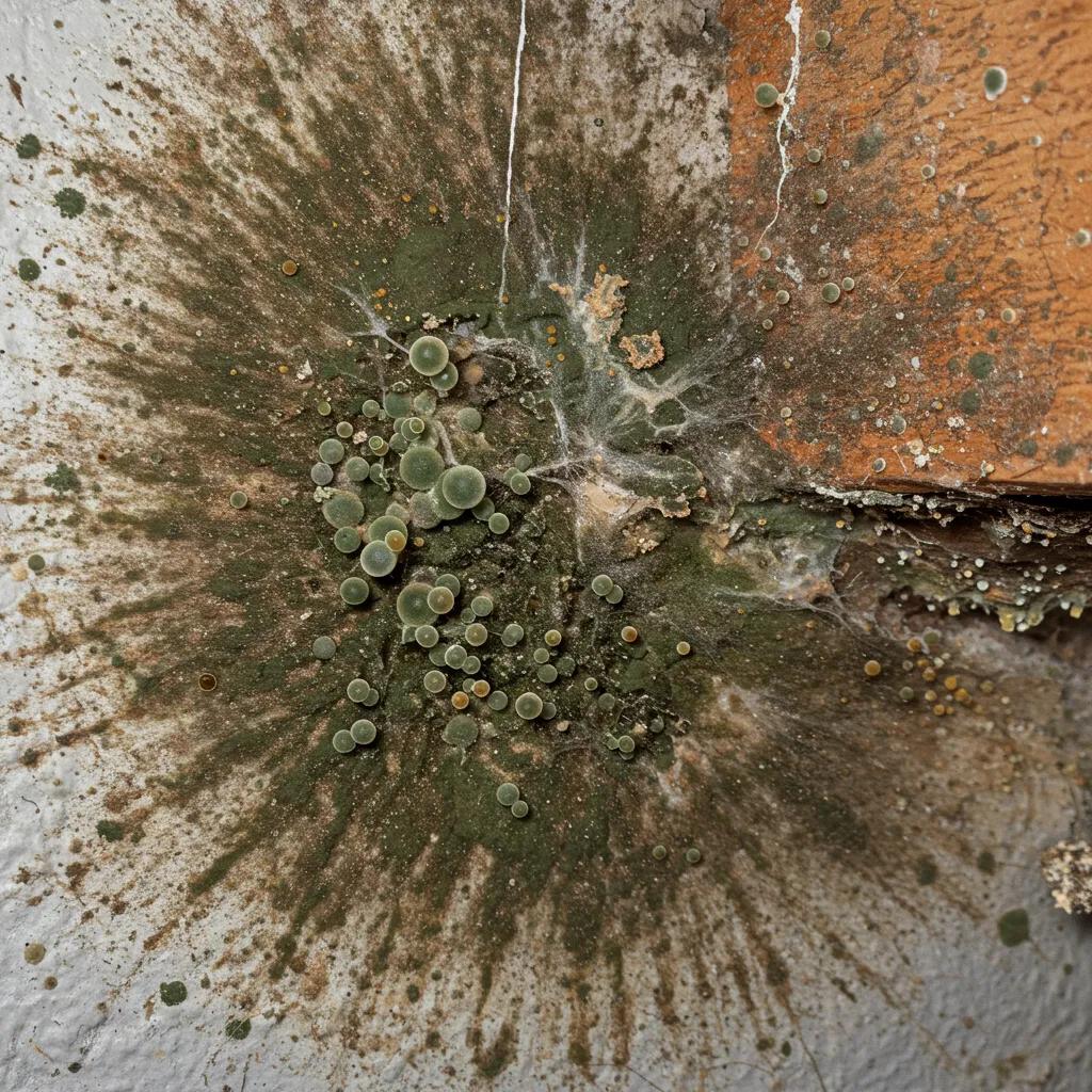 Close-up of mold growth on basement walls, showcasing various colors and textures indicating moisture issues
