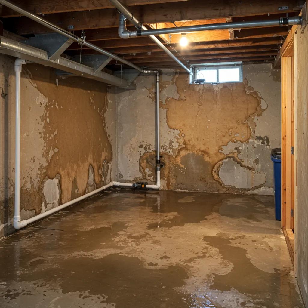 Visible water seepage in a basement, highlighting wet patches and staining on walls and floor